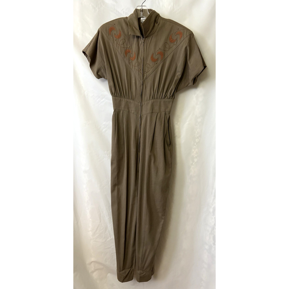 80's Joan Walters Jumpsuit Brown Chalders Pads Sz Medium 100% Cotton Made in USA - Picture 3 of 12